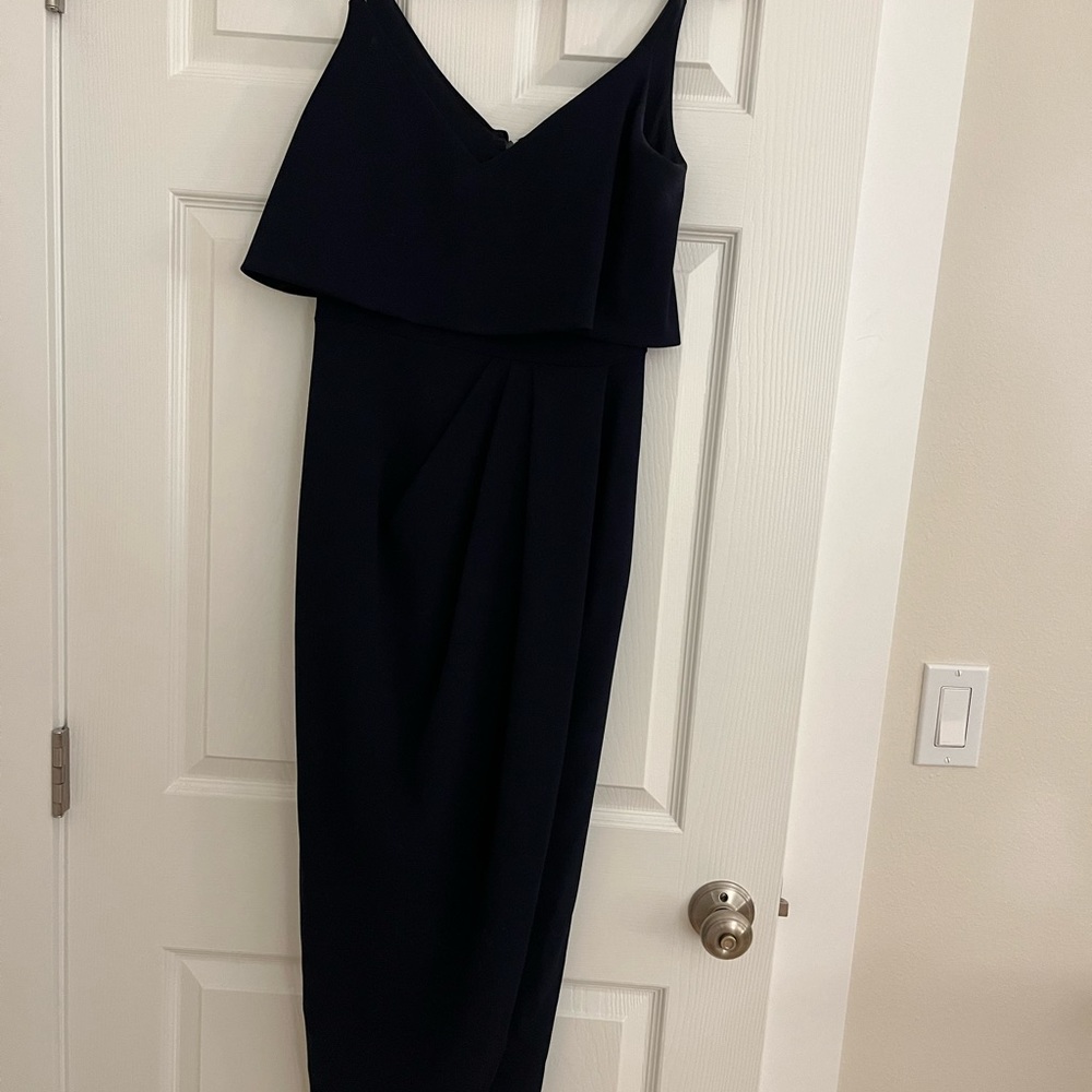 Xscape Scuba Crepe Faux Wrap Gown Navy Sz 2